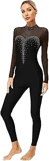 [Jugaoge] Women's Gymnastics Leotard Rhinestone Long Sleeve Full Body One Piece Figure Skating Jumpsuit Unitard