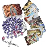 [SZQCZB] Rosary Beads Catholic Necklace Holy Soil Medal Cross Crucifix with Metal Box and 18pcs Prayer Cards