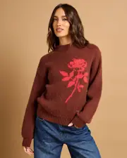 [Wrangler] Wrangler Women's Wild Rose Knit Sweater in Cocoa/Red Size 8 8 Cocoa/Red
