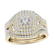 1 CT. T.W. Diamond Cushion Frame Split Shank Three Piece Bridal Engagement Ring Set in 14K Gold