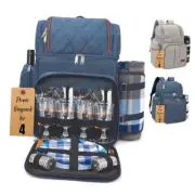 Picnic Backpack for Camping, Picnic Basket for 4 with Insulated 4 Person Blue