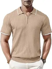 [ThusFar] Men's Zipper Polo Shirt Casual Knit Short Sleeve Ribbed Polo T Shirt Classic Fit Golf Shirts Activewear Polos