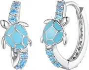 [Generic] Silver Hoop Earrings for Women, 925 Sterling Silver Blue Turtle Small Sleeper Hoop Earrings with Cubic Zirconia, Summer Ocean Wind Unisex Huggie Hoop Earrings for Men