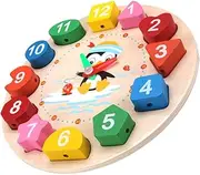 KICHOUSE Clock Cartoon Penguin Teaching Puzzle for Wooden Learning Clock for Color Recognition Interactive Fun for Parents