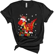 [Generic] Reindeer Santa T-Rex Funny Cute Christmas Lights Xmas T-Rex Dinosaur Matching Pajama Family Group Unisex T-Shirt
