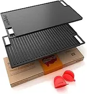 NutriChef Cast Iron Reversible Grill Plate - 18 Inch Flat Cast Iron Skillet Griddle Pan for Stove Top, Gas Range Grilling Pan w/Silicone Oven Mitt for Electric Stovetop, Ceramic, Induction.