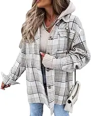 [Generic] Women's Casual Lapel Button Down Loose Classic Woolen Long Plaid Shirt Coat Tartan Shacket Jacket Hooded With Pocket