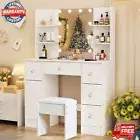 Dressing Table w/ 10 LED Mirror Modern Makeup Desk Vanity Table Set+Stool White