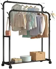 Clothes Rack, Double Rods Clothing Rack with Mesh Shelf, Hooks & Wheels, Metal Clothing Racks for Hanging Clothes & Bags, Multifunctional Garment Rack for Laundry, Black, 140 x 110 x 44.5 cm