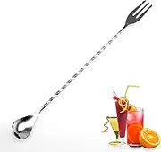 YUNAI Stainless Steel Bar Spoon with Fork End, Twisted Long Handle Cocktail Mixing Spoon Fork Bar Drink Mixer Stirrer for Bartender Home Bar Restaurant Use, Silver, 12''/30cm, 2 in 1