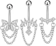 [Niaspi] 3Pcs 14G Stainless Steel Chains Dangle Belly Button Rings Studs for Women Dangling CZ Rhinestone Chain Belly Navel Rings Navel Piercing Barbell Dainty Body Piercing Jewelry
