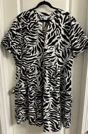 Chico’s Poplin Palm Print Dress Size 4 Split Neck Side Pockets Knee Length BLK