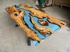 Custom Made Live Edge Olive Wood Light Blue & Gray Epoxy Dining Table