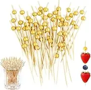 Jindizi 200PCS Cocktail Picks, Decorative Skewers for Appetizers Drinks Party Fruit, 4.7 Inch Long Wooden Bamboo Gold Ball Food Sticks Charcuterie Boards Accessories