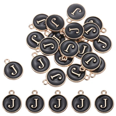 Alphabet j Letter Charm Double Sided Enamel Initial Alphabet Pendant Black 20pcs