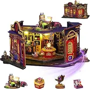 Mostop DIY Miniature Dollhouse Kit with LED Lights, Mini Wooden Dollhouse Kit, Tiny Model House Building Kits for Adults Teens, 3D Wooden Bookend Bookshelf Decor, Creative Craft Gift (Magic Station)