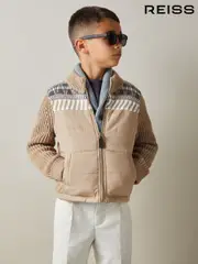 Reiss Oatmeal Melange Kingsway 9-13 yrs Hybrid Knit and Quilt Funnel Neck Jacket (E57267) | $130