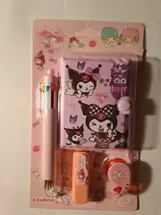 Kuromi 4 Pc Multicolor Gel Pens, Pink Cute Notebook, Eraser and Tape