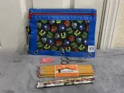 Brand New American Studio Pencil Pouch Plus with School Supplies Blue Text Books