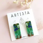 Artista Earrings Van Gogh Blue Irises Floral Rectangle Lightweight Unique Gift