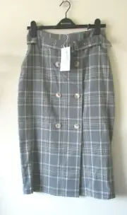 Warehouse Grey Check Midi Skirt Sz 10 Belt Buttons New