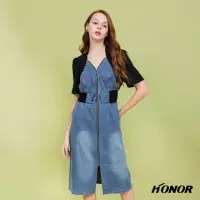 在飛比找momo購物網優惠-【HONOR 山形屋】一件式拼接拉鍊收腰牛仔洋裝