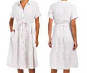 CYNTHIA ROWLEY 100% Linen Kimono Sleeves Checkered Tiered Shirt Dress in Beige M
