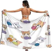 [RPLIFE] Cute Kittens Yarn Balls White Beach Wrap Sarong, Tassel Skirt Cover Up, Wrap Scarf Shawl, Beach Cover Women Summer, Cute Kittens Yarn Balls White, Medium