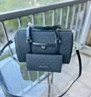 Michael Kors Travel Medium Duffle Satchel Bag + Trifold ID Card Wallet (Black)