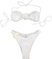 [MOMOJIA] Women Swimsuit Set Halterneck Top and Low Waist Briefs Lady Two Pieces 3D Flower Bathing Suit with 3D Flower
