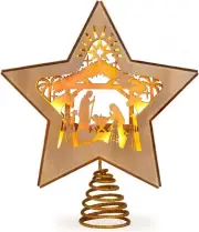 Nativity Christmas Tree Star Topper Lighted, 3D Wooden Nativity Scene Star for C