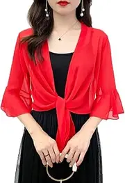 [DNLKWGO] Womens Sheer Shrug Cardigan Bolero Shrug Long Sleeve Sheer Chiffon Tie Front Cardigan