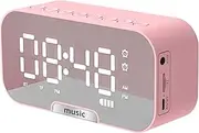 Alarm Clock, Mirror Surface Alarm Clock with BT Speaker&FM Radio Dual Alarms Electronic Desktop Clock Rechargeable Music Player Support TF Card 3 Levels Brightness Phone Stand for Home Office Pink
