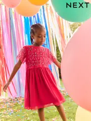 Bright Pink Sequin Embellished Mesh Dress (3-16yrs) (E47976) | $109 - $123