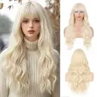 Blonde Wig with Bangs Long Wavy Curly Synthetic Heat-Resistant Wig for Women ...