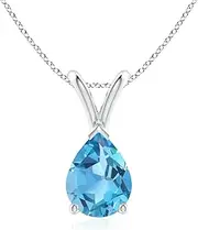[Angara] Natural V-Bale Pear-Shaped Swiss Blue Topaz Solitaire Pendant Necklace in Sterling Silver/14ct Solid Gold for Women | December Birthstone Jewellery for Her