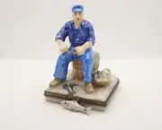 New French Limoges Trinket Box Detailed Fisherman with Fish & Removable Fish