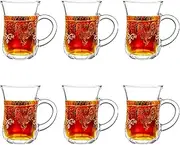 binsakao Turkish Tea Glasses Set of 6 - Gold Moroccan Tea Cups with Handle - 5 oz Footed Glass Coffee Mugs for Hot Cold Beverages Drinks