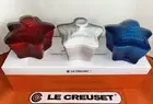 NIB Set of 3 LE CREUSET Star Ramekins with Lid Mini Cocotte 6 oz Red White Blue