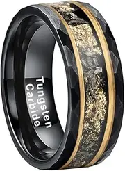 [LUXUBANDS] 8mm Genuine Meteorite Gold Foil Inlay Hammered Tungsten Rings for Men Women Engagement Wedding Bands Pipe Cut Comfort Fit