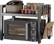 HHWRT Microwave Shelf, Microwave Oven Rack, Extendable Microwave Oven Rack, Adjustable Shelf with Hooks, Microwave Stand Countertop, Kitchen Counter Top Organizer, Kitchen Microwave Stand