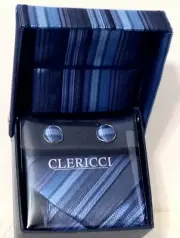 Navy Blue Stripes Mens Tie Clericci Matching Pocket Square Round Cufflinks SET