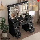Dressing Table with Large LED Mirror, Makeup Table with 7 Drawers Modern Black