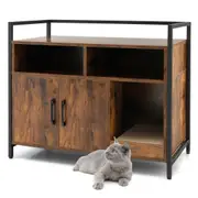 Costway Cat Litter Box Enclosure Wood Storage Cabinet Cat House Sideboard Living Room w/2 Doors Brown