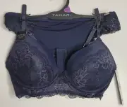 Tahari Blue Lace Bra & Thong Panty Set 36C Large Starry Night NEW