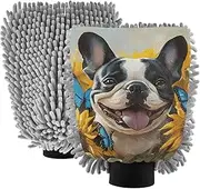 XYMZR Absorbent Microfiber Car Wash Mitt French Bulldog Sunflower Cute, Funny Cute Anime Scratch Free for Cars Cleaning, Home Cleaning Mitts, 2 Pack, 10.24” L x 7.09” W