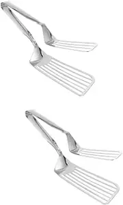 STOBAZA 2pcs Outdoor Stainless Steel Food Tongs Lightweight Non Stick Barbecue Turner with Heat Insulating Handle for Grilling and Fish Spatula Use