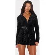 Black Collar Detail Sequin Playsuit, Black