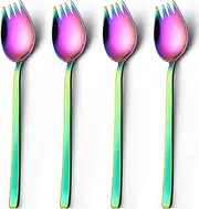[tiokin] Sporks, Salad Forks, 4-Pack 18/10 Stainless Steel Metal Spork, 19 cm Long Handle Dessert, Ice Cream Fork Spoons, Reusable Fruit Appetizer Dessert Forks for Camping Household Use (Rainbow Color)