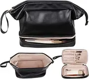 Travel Cosmetic Bag for Women,Double Layer Cosmetic Bag,Makeup Bag Travelling PU Leather Cosmetic Bag Waterproof, Black, Fashionable,Multifunctional Storage Travel Toiletry Bag Skincare Bag,